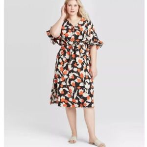 Chic Midi Black & Orange Tie-Waist Flutter Sleeve Dress